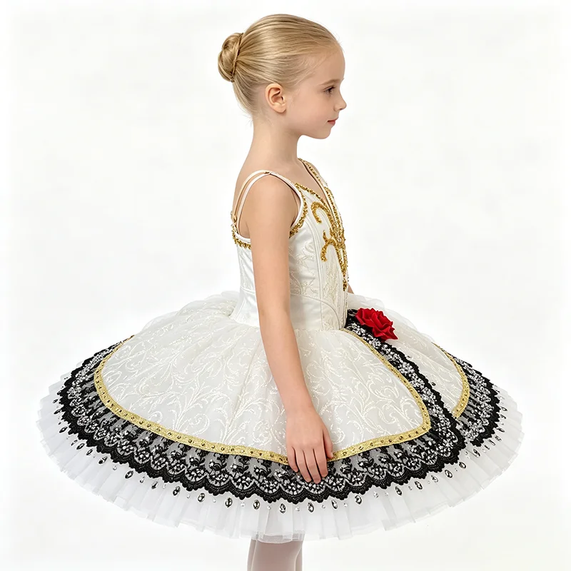 Womens V Neck Ballet Tutu Performance Dress Gold Scroll Trim Black Lace Edge Red Flower Decor White Base Glitter Skirt Suitable