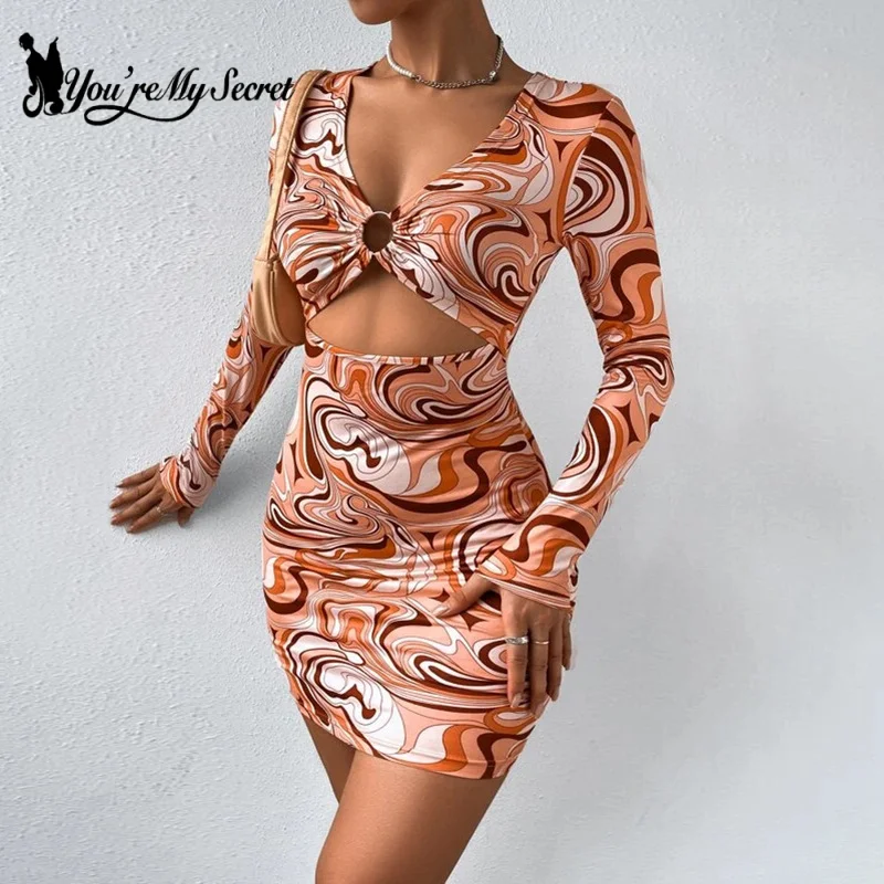 Women Sexy Long Sleeve Leopard Print Hollow Out Slim Cut Out Backless Party Mini Dress Vestidos 2024 Summer