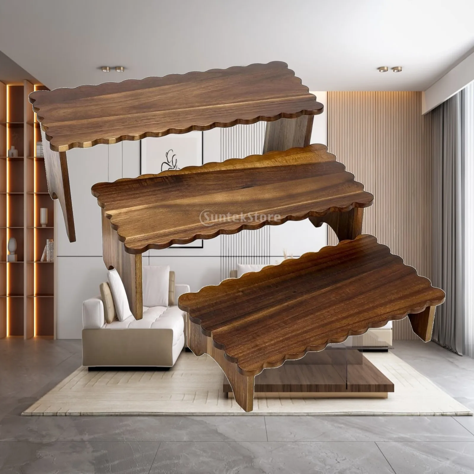 3 Pieces Solid Wood Display Riser with Integrated Legs Space-Saving Wooden Countertop Riser Tabletop Wood Stand Rustic Brown