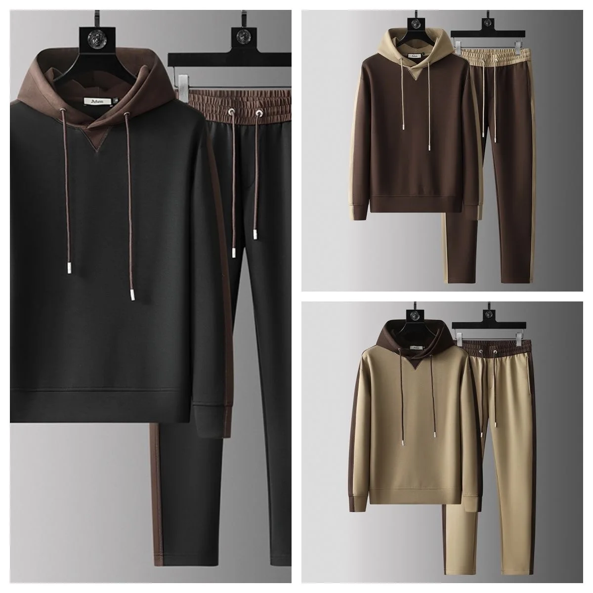 Autumn and Winter New Fashion Brand European Fashion Color Contrast Hooded Sweater Suit Men's Slim Leisure Sports Two-Piece
