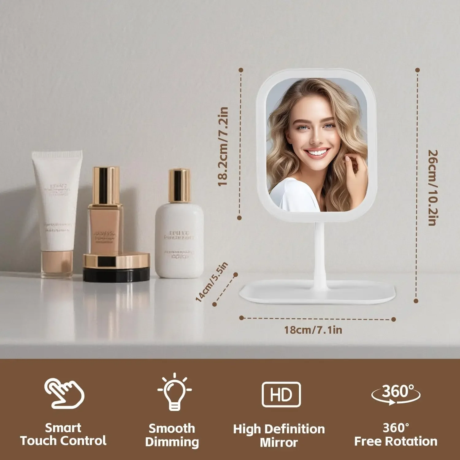 Aanraakgevoelige bediening Make-upspiegel, make-upspiegel 270 graden rotatie-aanpassing, schoonheidsmake-upspiegel met verlichting