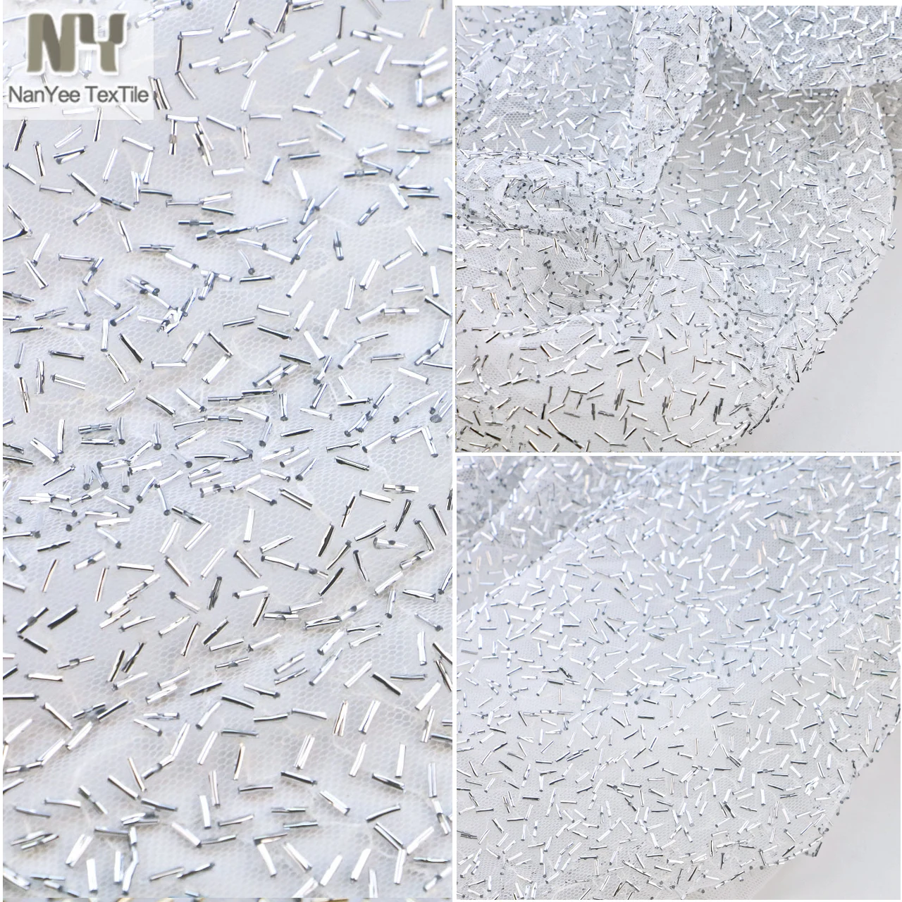 New Elegant Width 130cm White Silver Beads Tube Embroidery Lace Tulle Fabric Roll Sequined For Wedding Gown