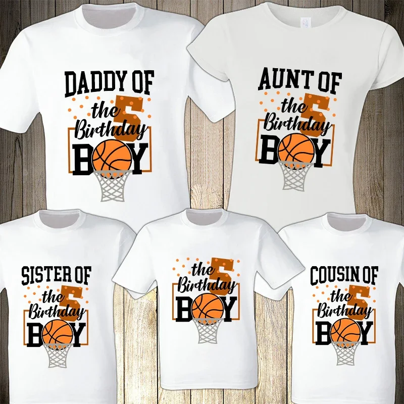 5th Birthday Boys BasketBall Print T-Shirt Women Men Short Sleeve Tee Matching Family Party Clothing Sibling Kids Tee Clothes