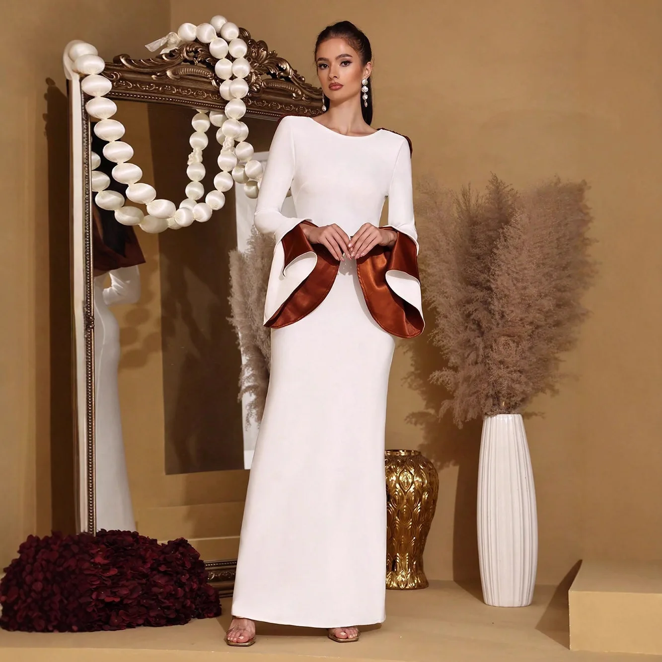 American Style Elegant Fashion Sexy Bandage Dress Patchwork Long Sleeve High Waist Slim Bodycon White Long Evening Dress Women