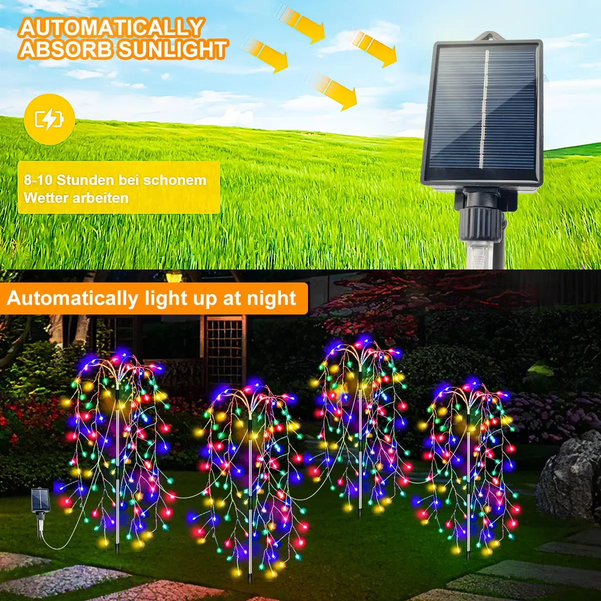 Feux d'artifice à énergie solaire, 4 pièces, 8 Modes d'éclairage, décoration extérieure de jardin, lumières féeriques pour Camping, mariage, cour, noël