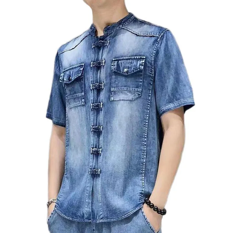 Stand Collar Men Short Sleeve Denim Shirt 2023 Summer Frog Closure Single Breasted Washed Blue Casual Shirts Retro