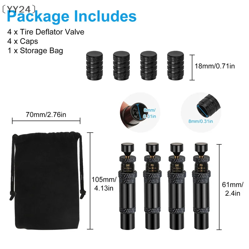 〔YY24〕4Pcs Automatic Tire Deflators Set Of 4, Adjustable Pressure Suitable For Offroad Vehicles Motorcycle Includes Valves Caps