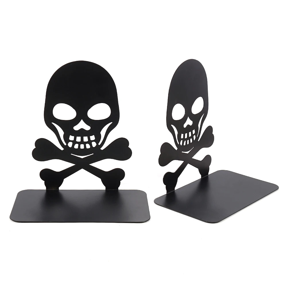 Black Gothic Pirate Skull Head Shape Bookends for Men Boys Cool Desk Bookshelf Decoration Books Stand Support Supplies Gifts