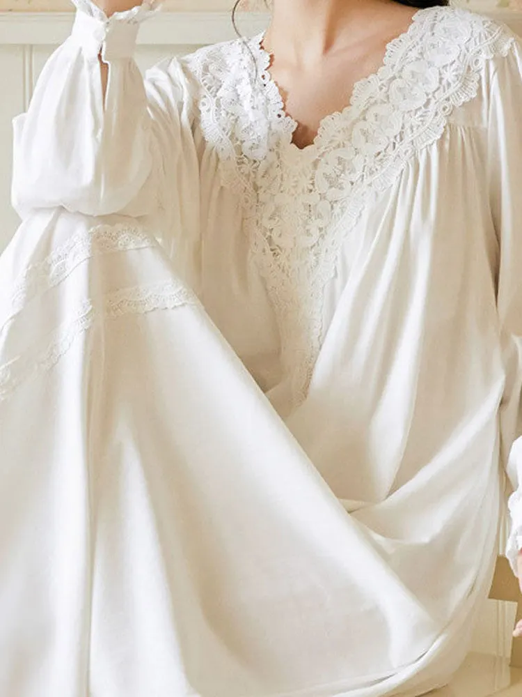 Princess Style Long Cotton Sleepwear Women's Spring Autumn Pure Cotton Courtly Sweet Large Size Home Clothes V-neck Single-bu...
