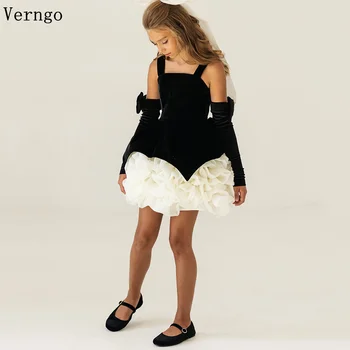 Verngo Black Velevt Mini Flower Girl Abiti senza spalline Abito da ballo Ragazza Abiti corti da festa di compleanno personalizzati