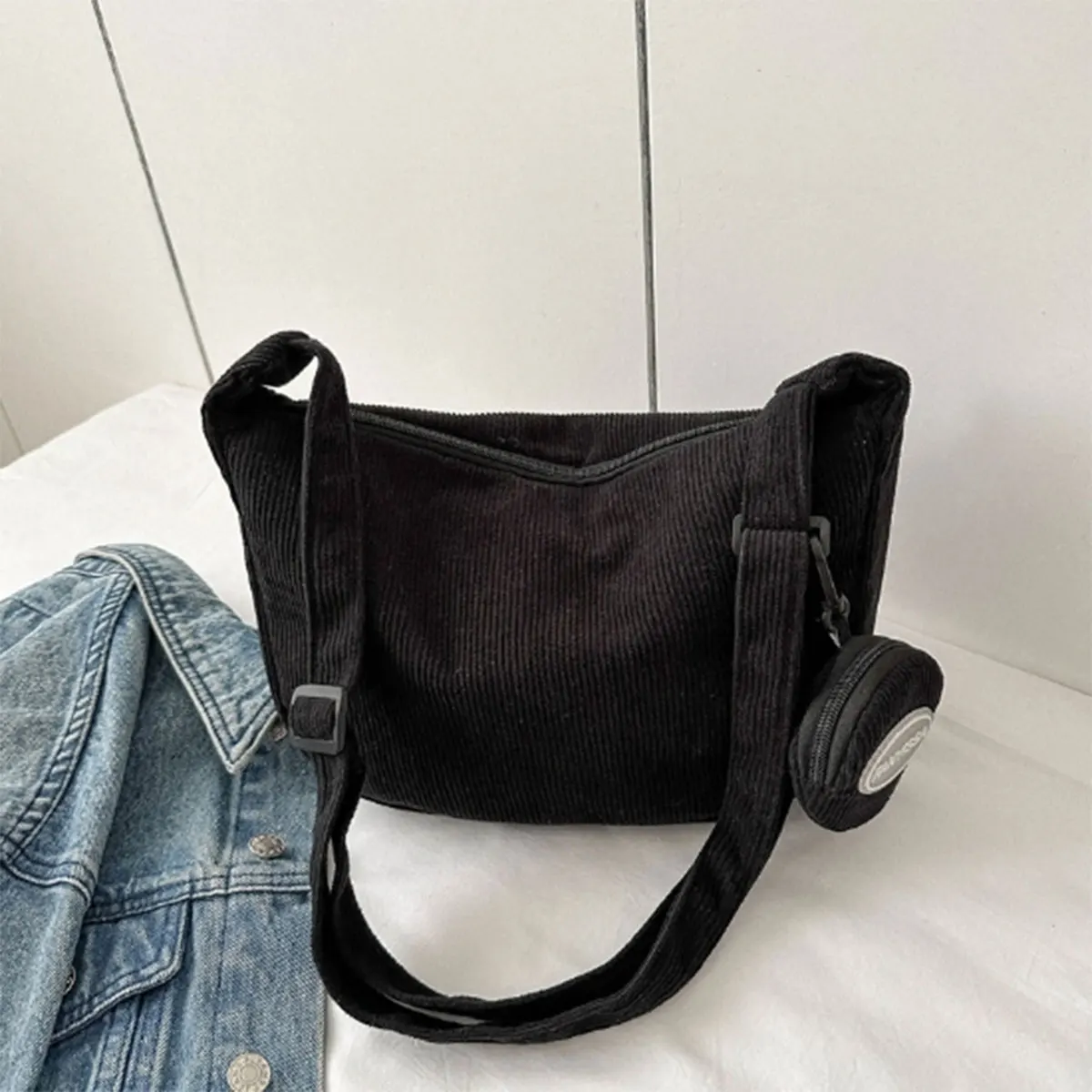 Black fashion simple corduroy women\'s bag texture child mother bag leisure commuter single shoulder crossbody bag a package