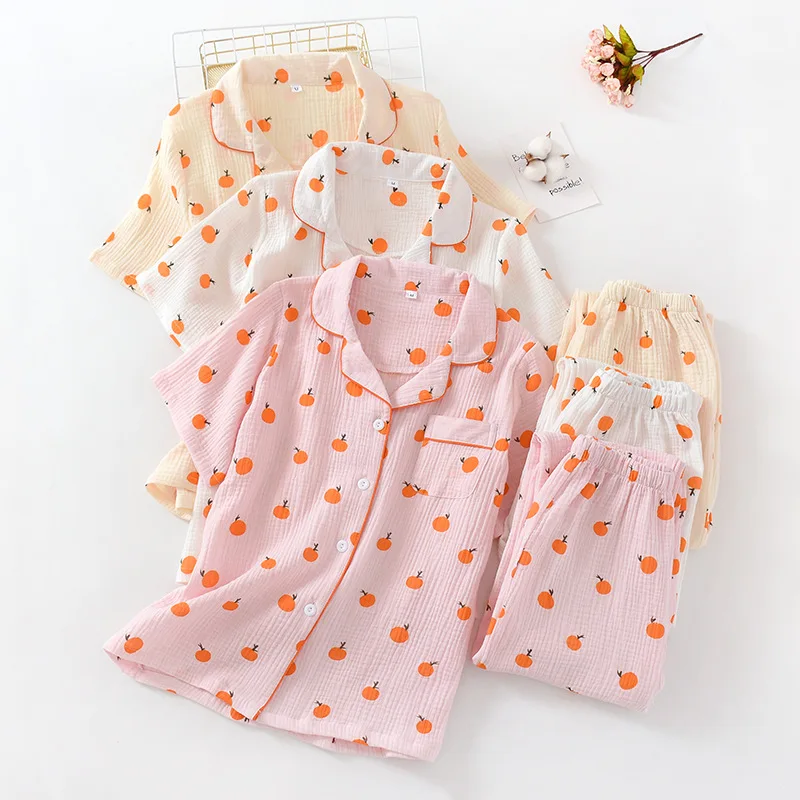 

Summer Women's Short-sleeved Trousers 2 PCS Set Pajamas Double-layer Gauze Crepe Cotton Shirt Collar Cardigan Loungewear Set