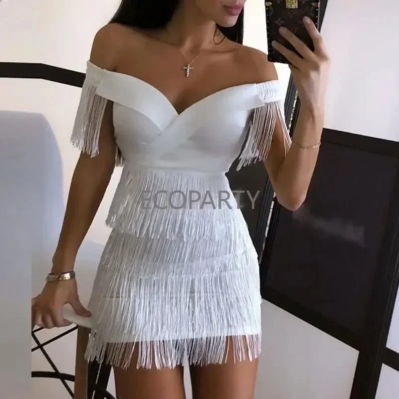 

Vestidos Elegantes Prom Evening Party Wear Women Sleeveless Bodycon Dress Summer Fringe Tassel White Dresses 2022 Sun Dress