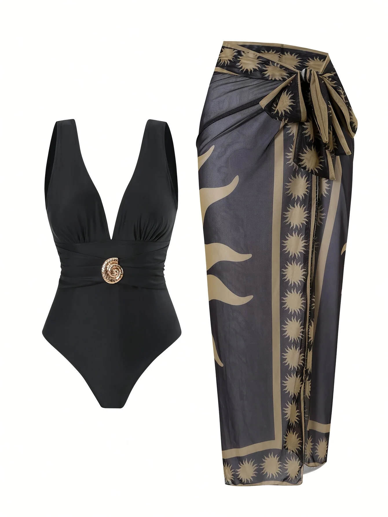 

2026 Новый женский сексуальный модный цельный купальник с глубоким V-образным вырезом и накидкой с принтом для пляжного отдыха, купальники