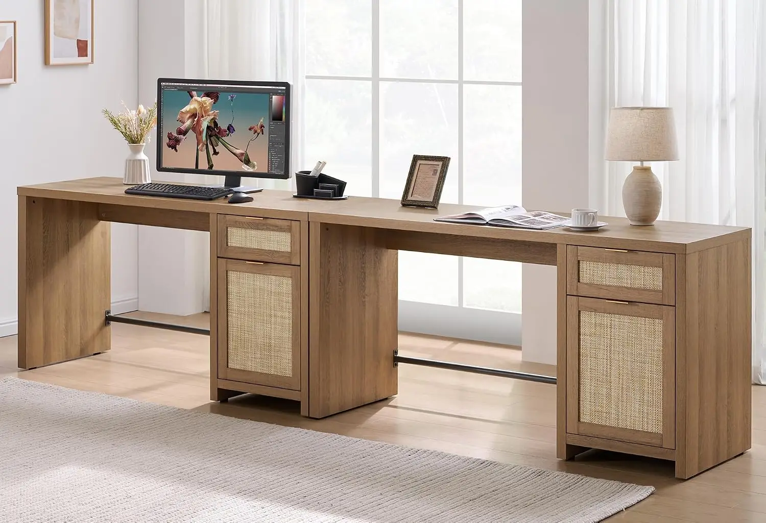 Rattan Executive Desk with Cabinet & Drawer, 59