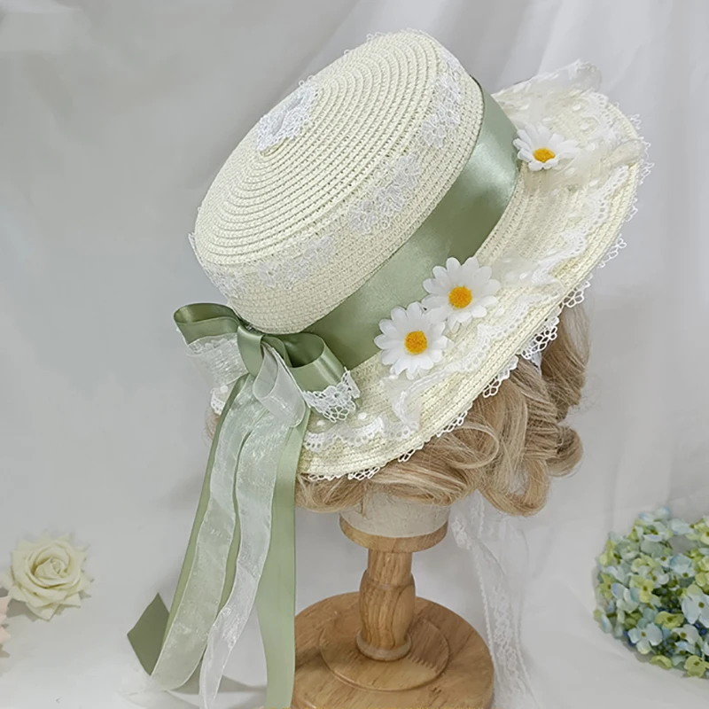 Chrysanthemum Straw Hat Bow Ribbon Sunshade Hat Lolita Girl Maid Cosplay Lace Pastoral Hat For Women Gift