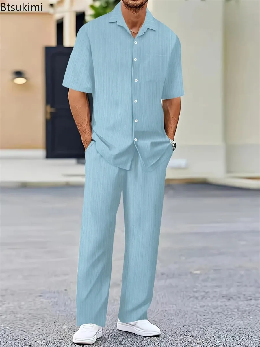 Spring Summer New Style Men's Sets Fashion Solid Short Sleeve Button Cardigan Tops and Pants 2 Piece Sets Man Casual Sports Suit