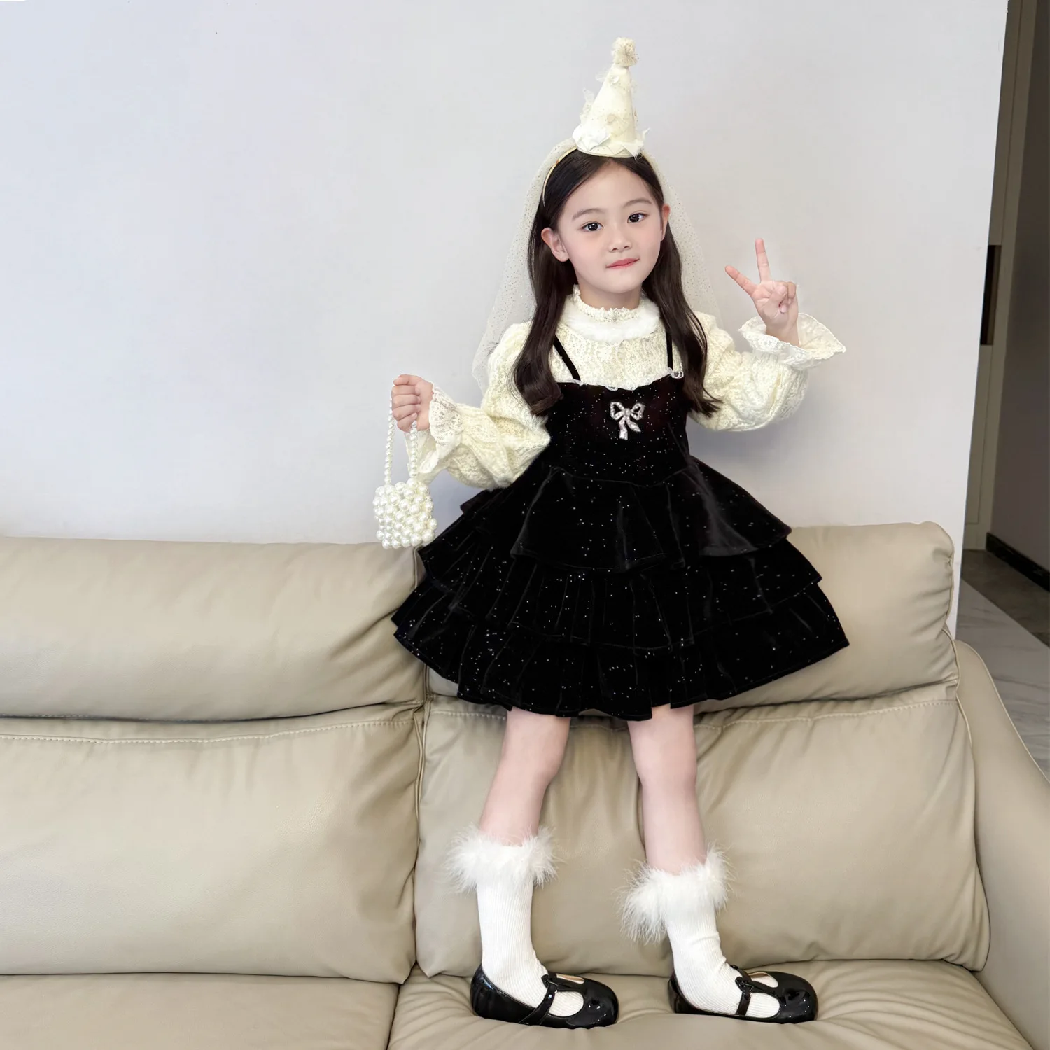 Girls Black Sparkling Velvet Cake Dress 2025 Autumn and Winter New Girls Fake Two-piece Princess Dress