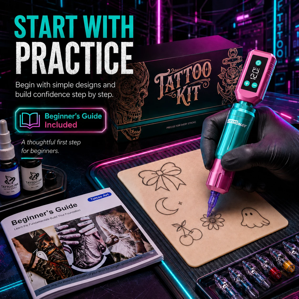 SAMONAY Tattoo Pen Machine Kit Complete Wireless Rotary Tattoo System with LCD Display, Cartridge Needles, Colored Tattoo Ink Set, Extra Black Ink, Practice Supplies and Accessories for Beginners and Professional Tattoo Artists