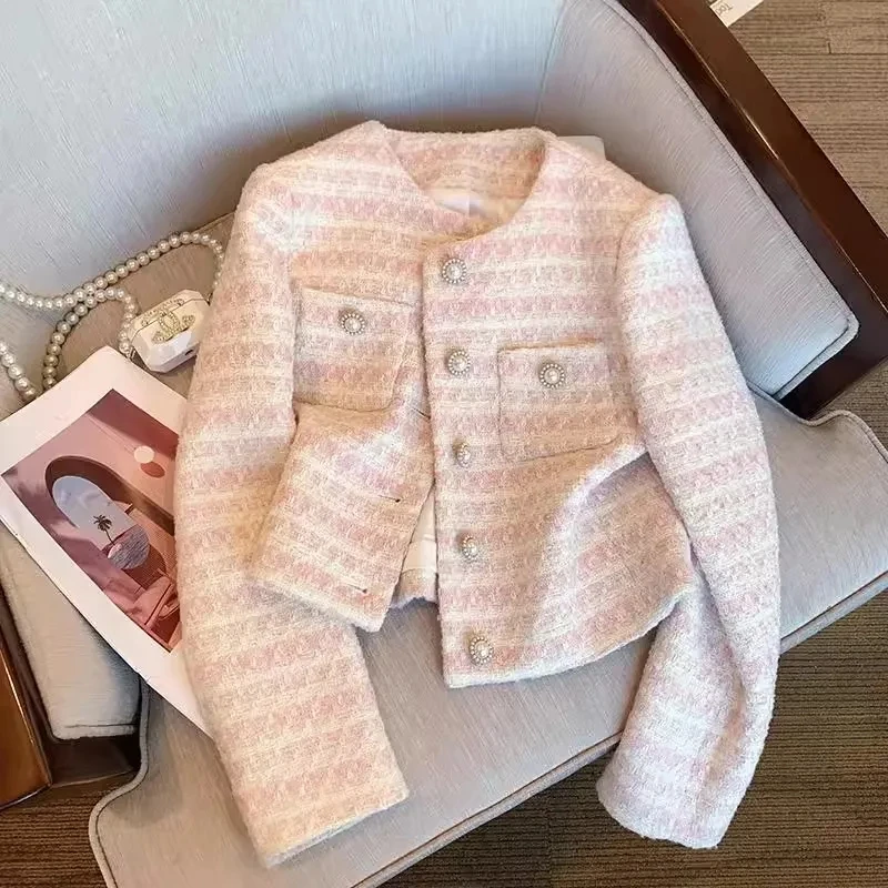 Short Pearl button Small fragrant style Jacket Women's Spring Autumn New Round neck Long sleeved Woven suit Top Single-breasted