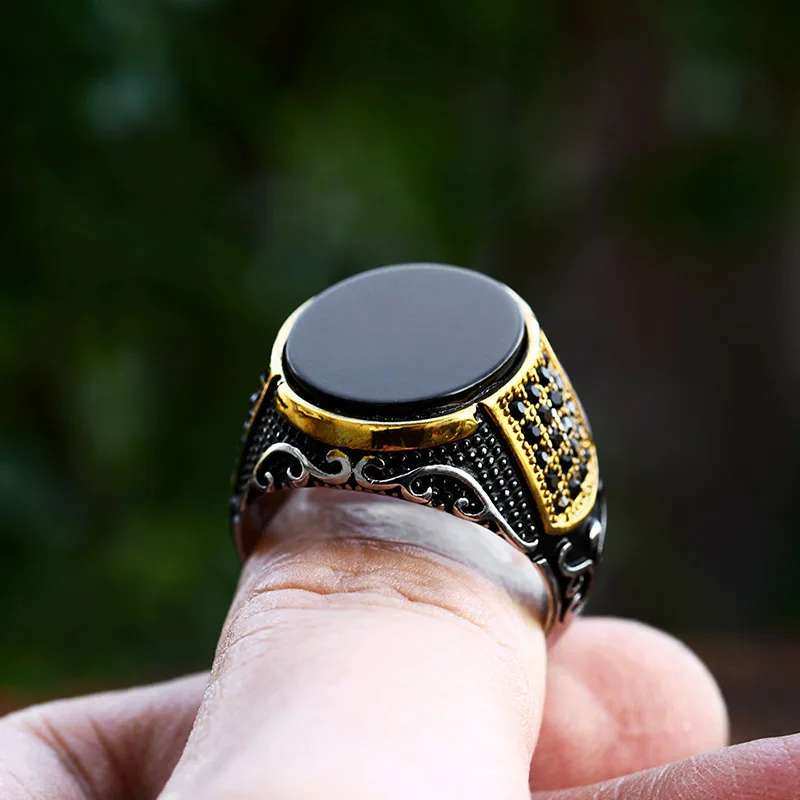 BEIER Stainless Steel Vintage Man Boy Oval part gold color Black stone Ring Fashion Jewelry Mens Accessories BR8-987