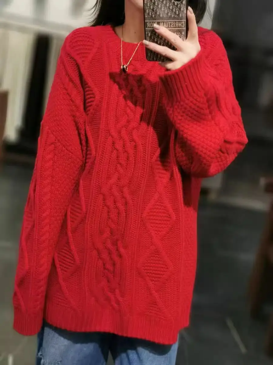 Red 100% cashmere sweater women's European high-end New Year thickened long twisted cashmere sweater