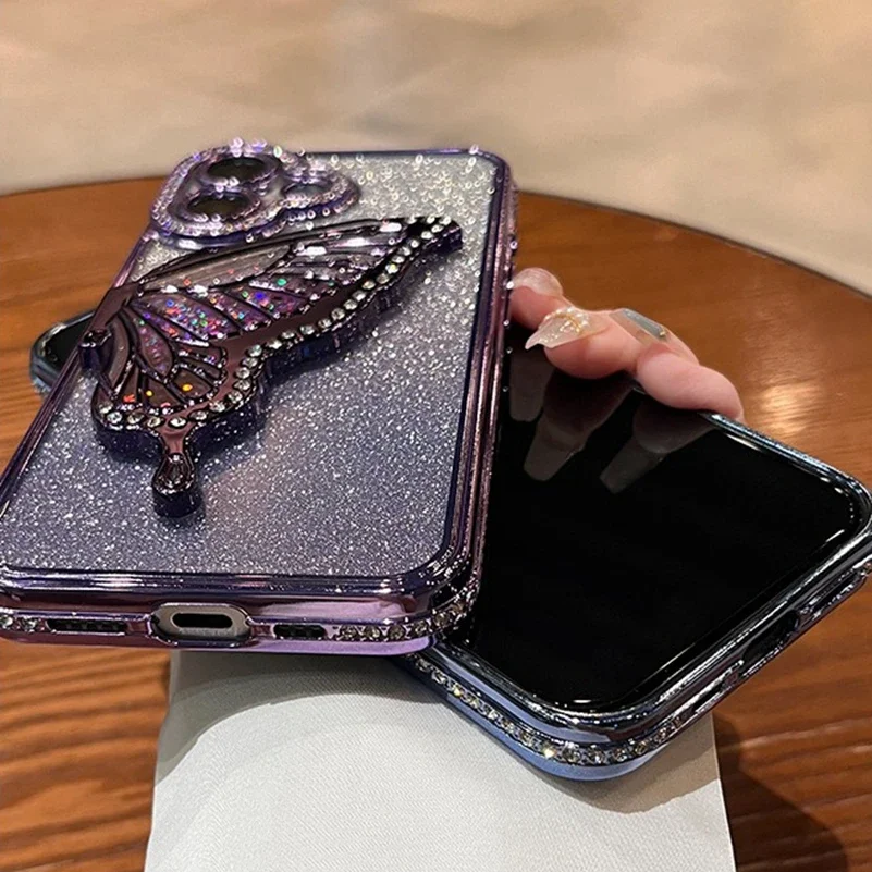Luxury 3D Butterfly Case for iPhone 17 Air 16 15 13 12 11 14 Pro Max Plus Bling Diamond Glitter Plating Soft Back Cover Funda