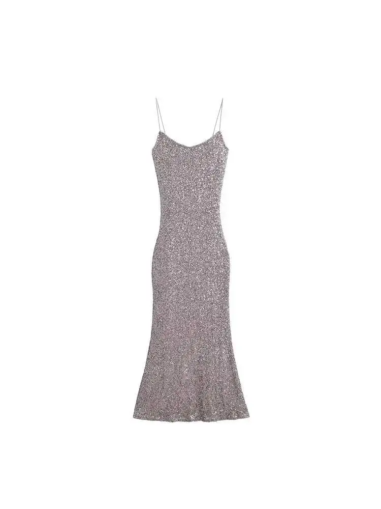 Pure Desire Funkelndes Silber-Trägerkleid, elegante Damen-Licht-Luxus-Bankett-dünnes Kleid, Kleider, Robe, süße Damen, 2024, neu, G1WW