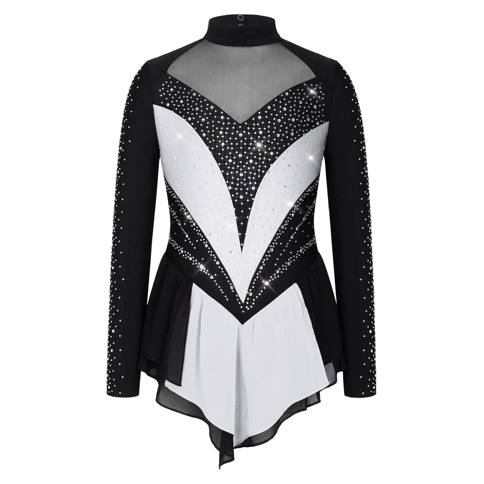 Kinder Mädchen Strass-Gymnastik-Trikot Eiskunstlauf Ballett Lyrisches Tanz-Auftrittskostüm Trikotkleid mit unregelmäßigem Saum – Detail 4