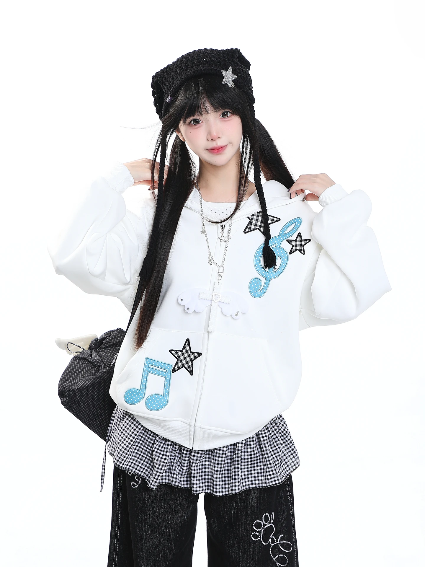 Y2K Note Star Embroidery Hoodie Women's Loose Casual Anti-Aging Jacket Autumn Lazy Style Chic Long Sleeve Zipper Closure Swea...