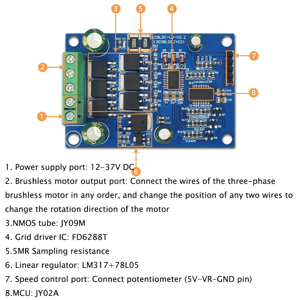 Scheda di azionamento del motore Brushless DC trifase con regolatore di velocitร del motore Hall DC 12-37V PWM 5A Motor Governor
