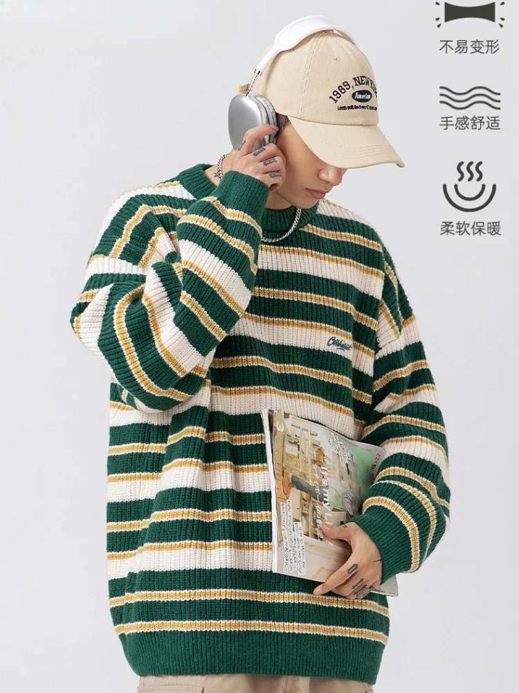 Japanese Style Retro Striped Thick Needle Sweater Men's New Fall and Winter Round Neck Pullover Couple Knit Sweater Outerwear