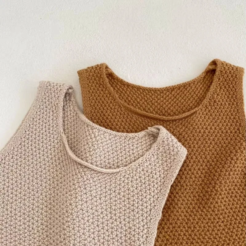 DGUKYM New Summer Ins Baby Knitted Sweater Thin Tank Top with Buckle Up and Shorts 2-piece Set for Boys and Girls DGUKYM