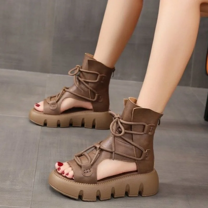 PU  Retro Straps Women Sandals 2022 New Ankle Boots Summer Handmade Hollow-out Lace-up Casual Platform Sandals women shoes