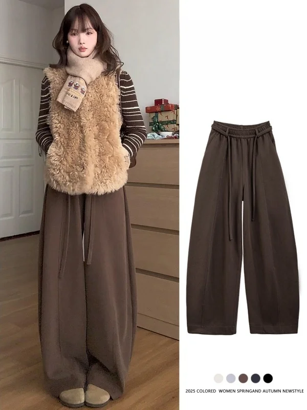 

Женские спортивные брюки цвета хаки, свободные, струящиеся, широкие, повседневные, с высокой талией, в корейском стиле, для города