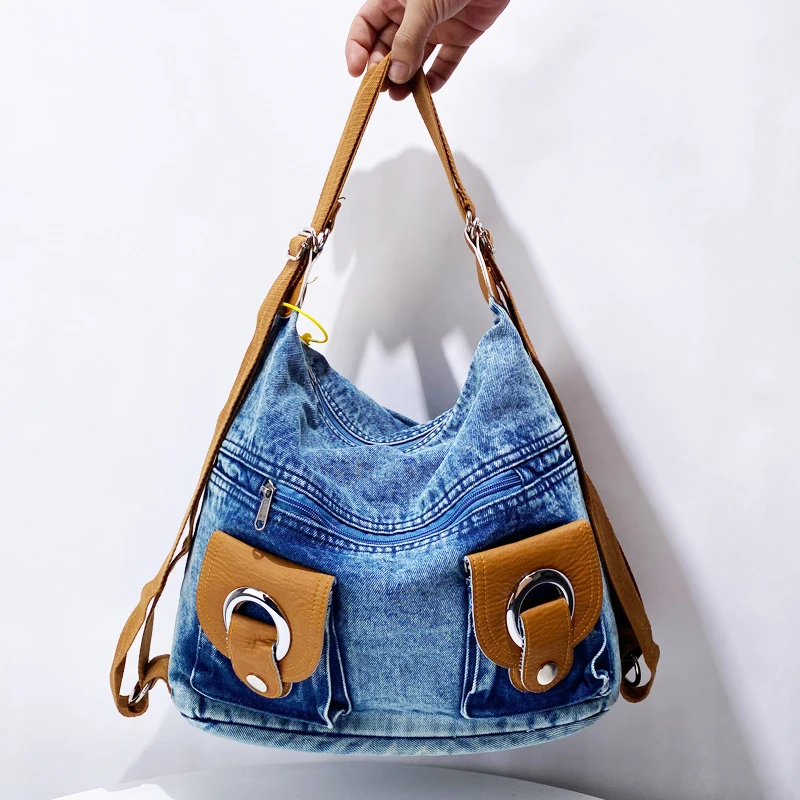 

Preppy Style Denim Bags For Women Luxury Designer Handbag And Purses 2024 New In Multipurpose Backpacks Underarm Cloth Shoulder