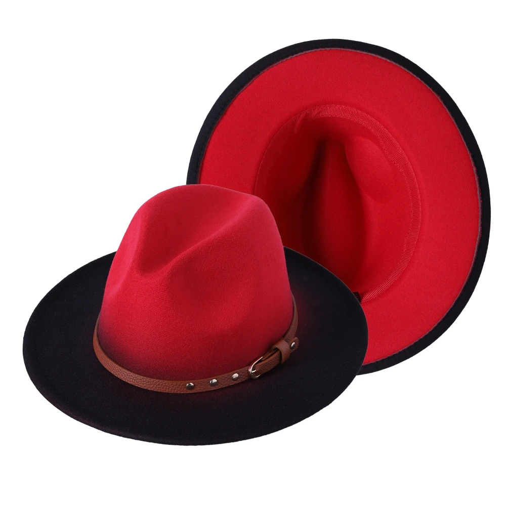 New Autumn Winter Fedora Wide Brim 7cm Unisex Jazz Hat Featuring Color-Blocking Spray Dyed Gradient and Dual Color Splicing