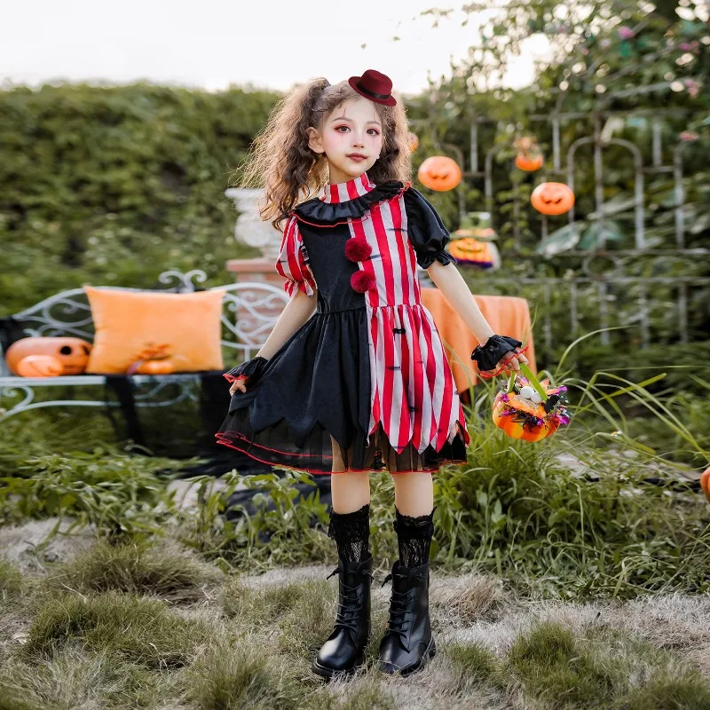 Halloween Cosplay Costumes Horror Clown Short Sleeved Dress with Hat Suit Performance Theme Party Role Playing Outfits for Girl