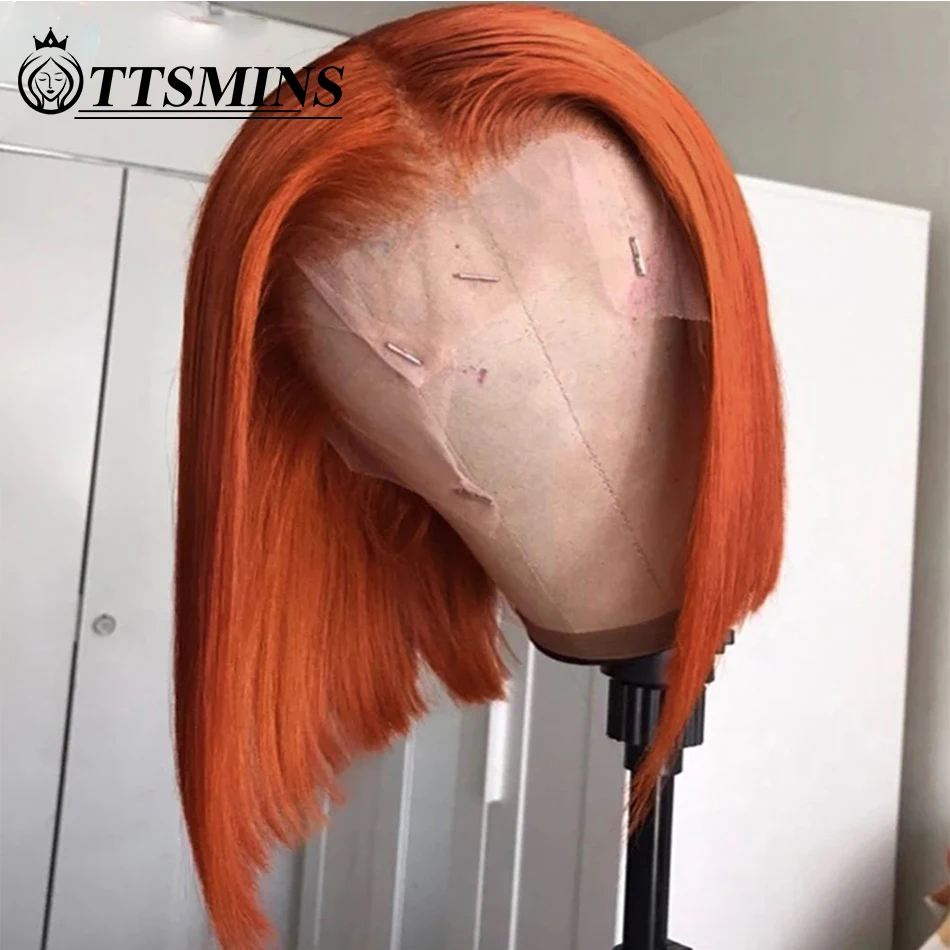 

350# Colored Double Drawn Bob Wig Human Hair Bone Straight 13x4 HD Lace Front Wigs Pre Plucked Frontal Wig With Baby Hair Orange