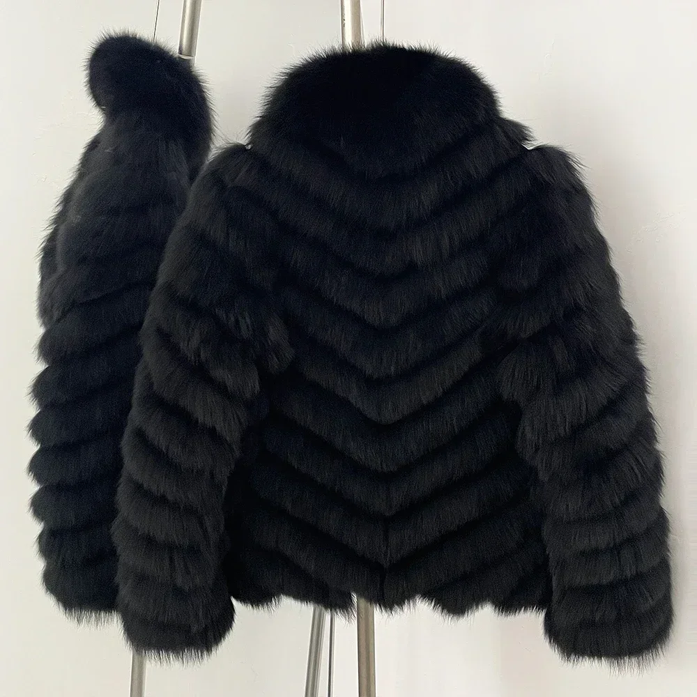 OFTBUY Neue Herbst-Winter-Oberbekleidung für Damen, Wendbare Stehkragen-Jacke aus echtem Fuchsfell, Chevron-Schnitt, kurze, abgeschnittene Naturpelzjacke – Detail 19