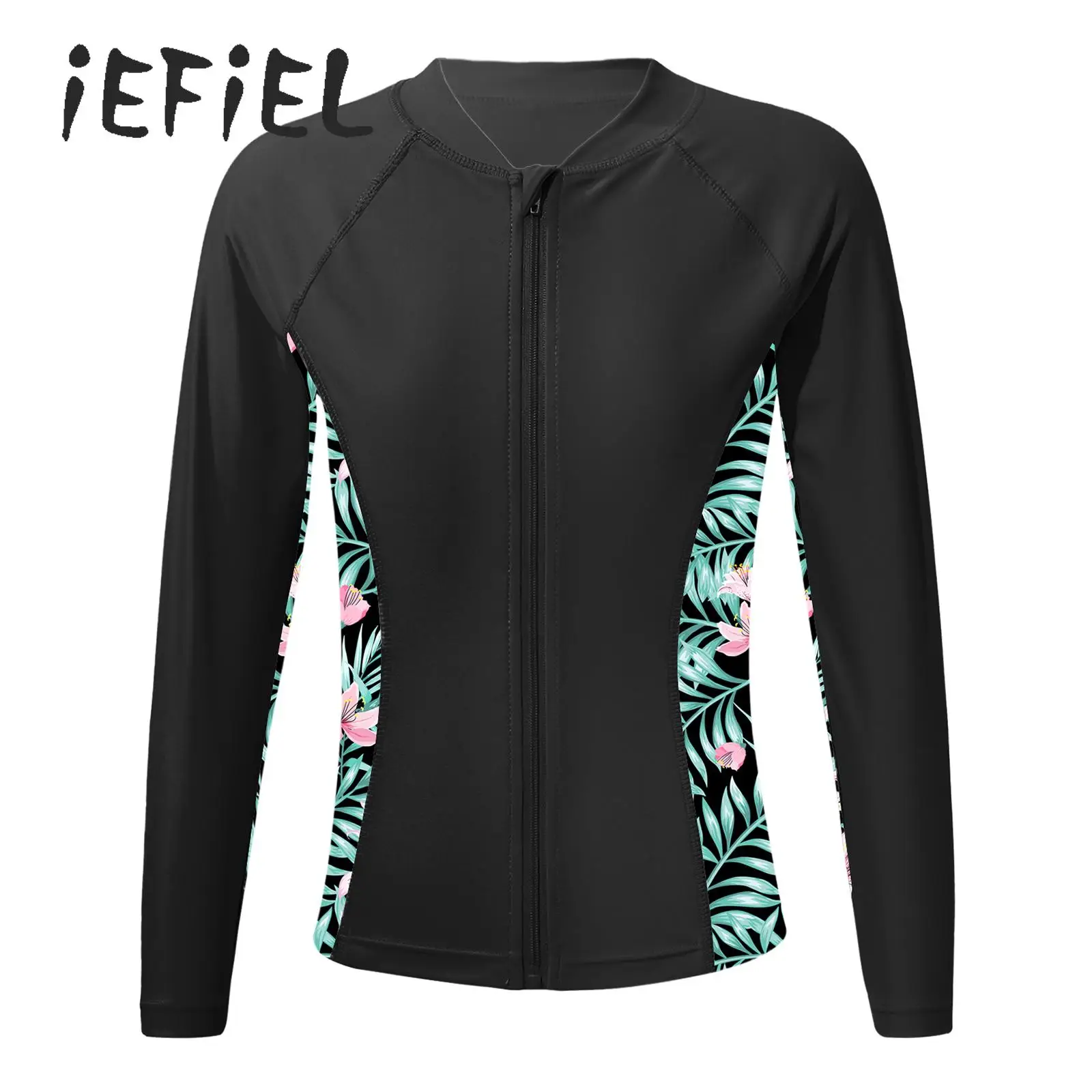 

Children's Rash Guard Swim Tops Girls Flower Printed Swimsuit UPF 50+ Zip Up Coat Athletic Shirts Bathing Suit Beachwear
