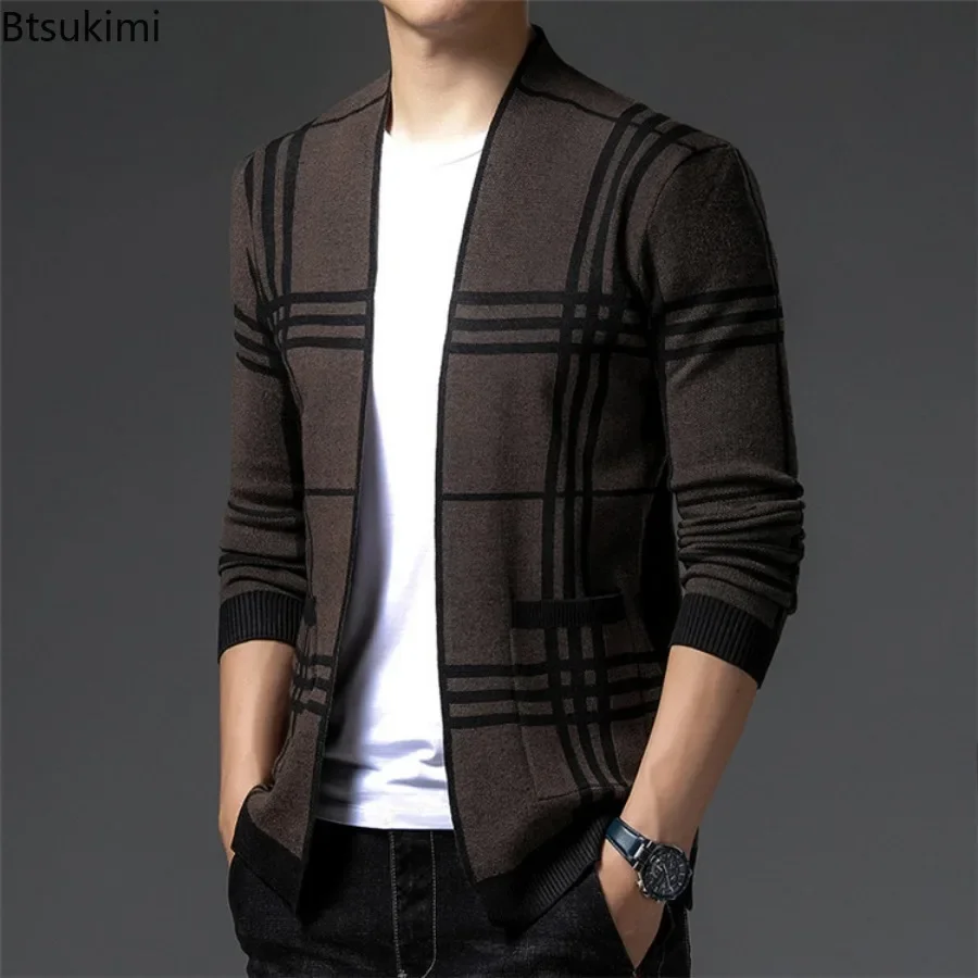 2024 Men's Fashion Knitted Cardigan Jacket Korean Style Striped Slim Fit Sweater Coats Simple Men's Casual Clothing Blazer Tops