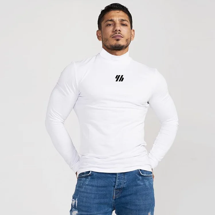 Men Muscle Shirts Turtleneck Long Sleeve Quick Dry Slim Fit for Men Workout Gym Fitness Underwear Tee Shirt