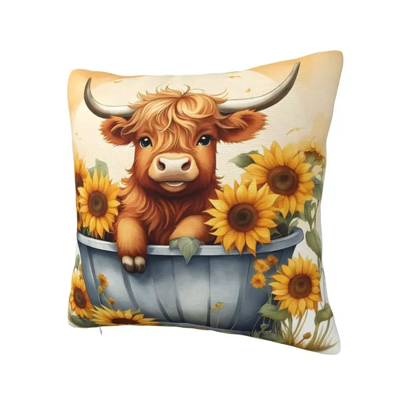 Highland Cow And Flower Cushion Cover 35x35 cm Polyester Velvet Throw Pillow Case For Sofa Car Living Room Decoration Pillowcase