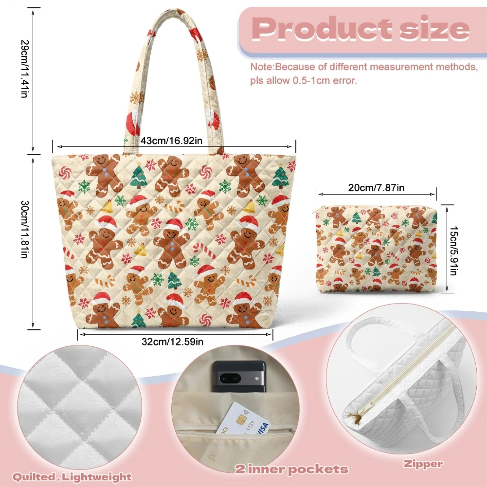 Coloranimal Gingerbread Man 2pcs Set Quilted Tote Bag with Wallet for Excursions Lightweight for