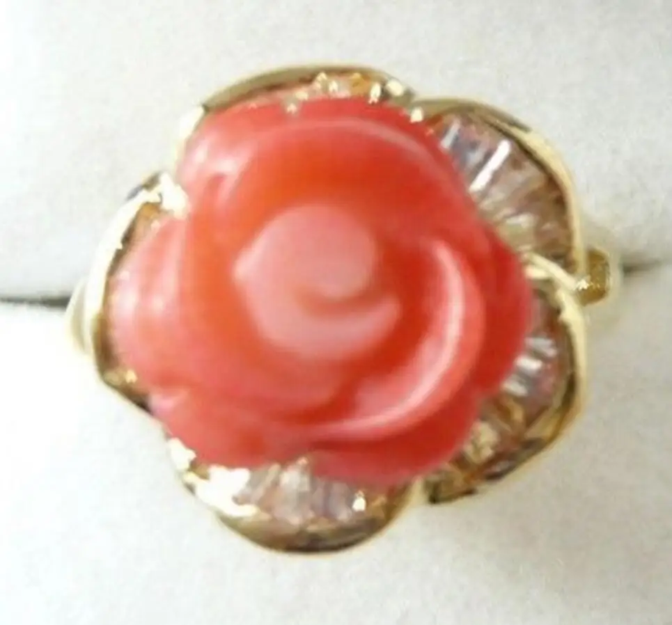 

12mm pink Coral Crystal Flower Ring US size 6 7 8 9# Crystal ringe wide Girl Genuine Natural stone gems Fortune F