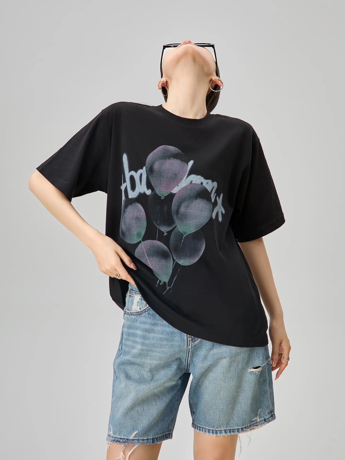 

Summer Loose Feel Bla Print ort Sve T-irt Women's New Design Sensation Top Korean Sle Straight Cut Daily Wear