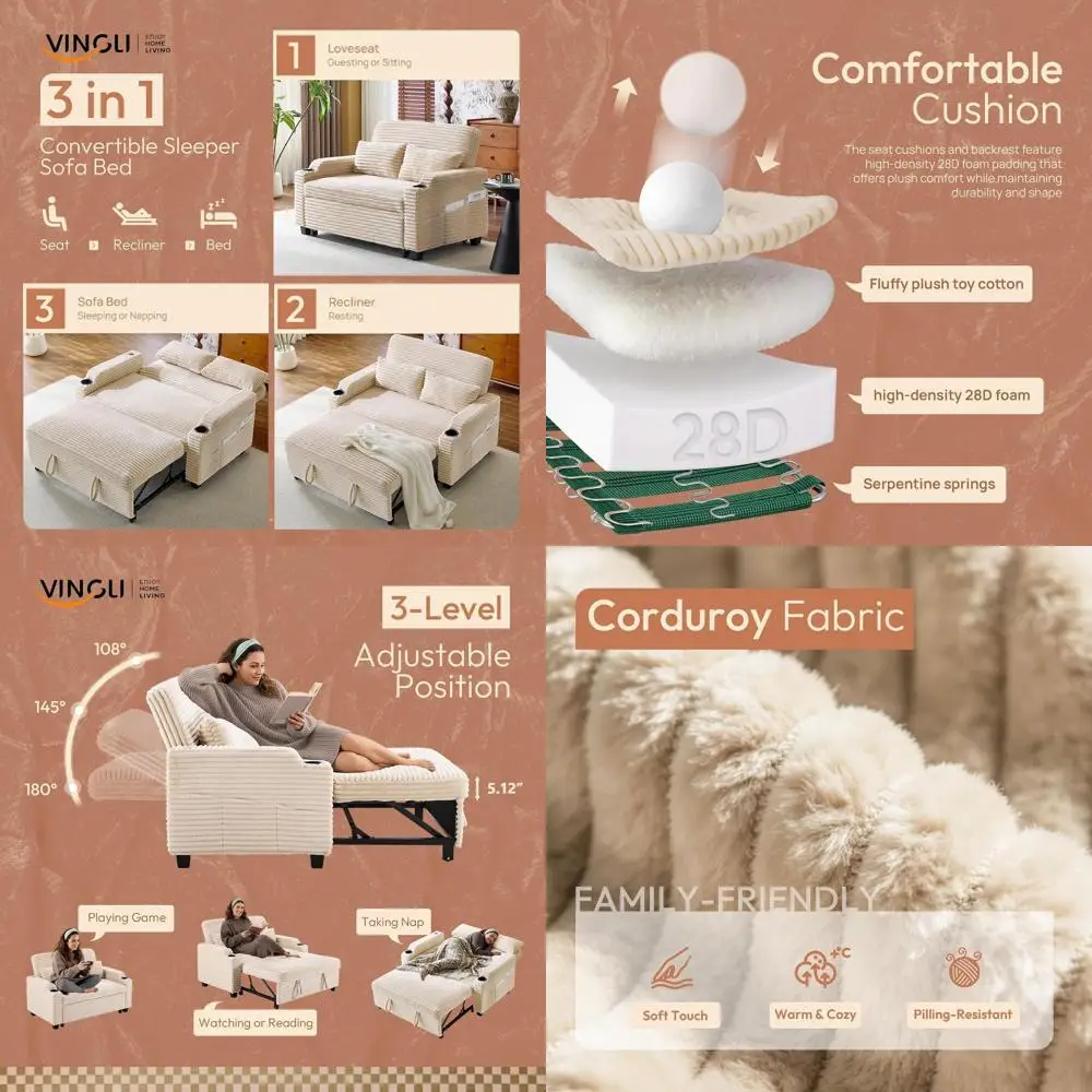 

Convertible Loveseat Sleeper Sofa with USB Ports and Cup Holders for Living Room or Bedroom