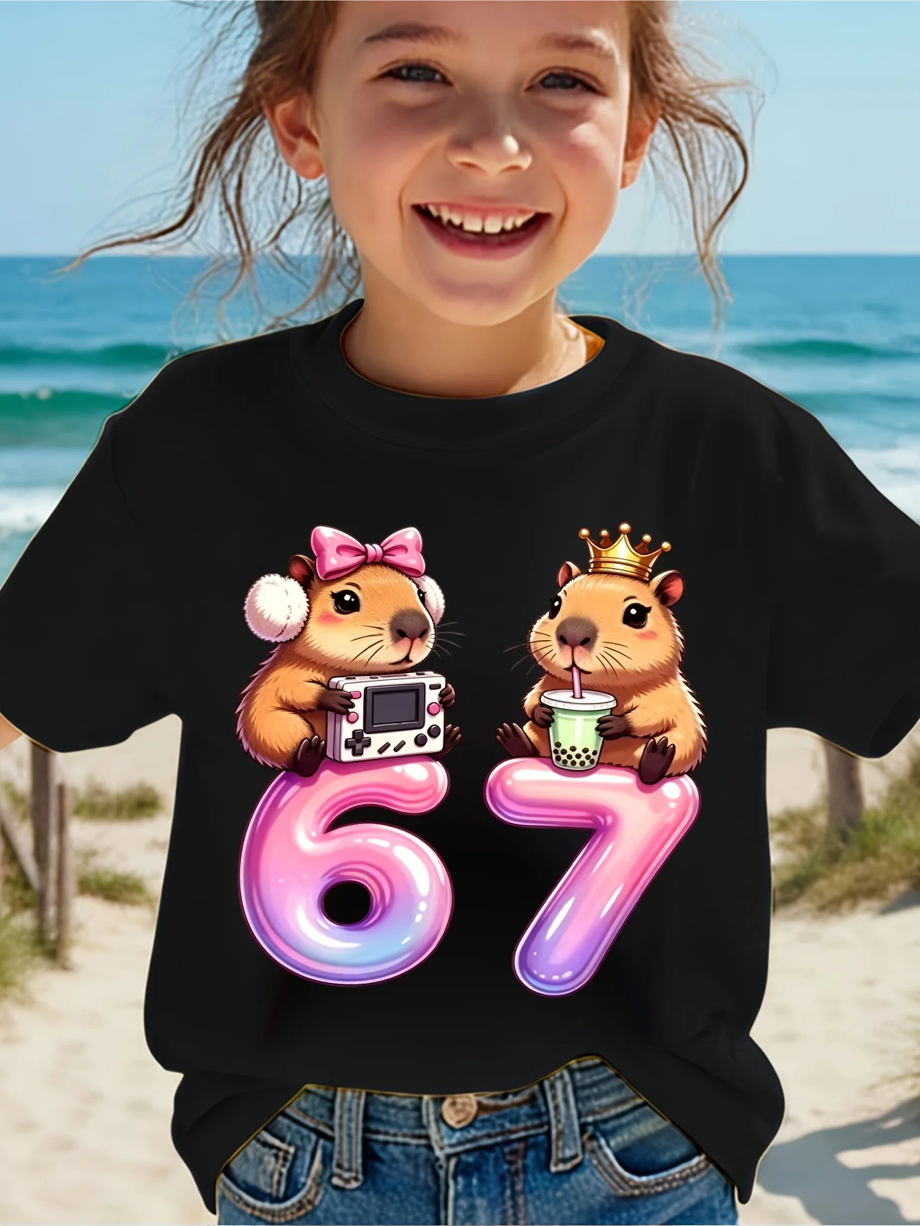 Kids Capybara 6 7 Birthday Graphic Tee Boys Girls Cute Capybara Bubble Tea Crown Bow Family Matching Short Sleeve Party Top