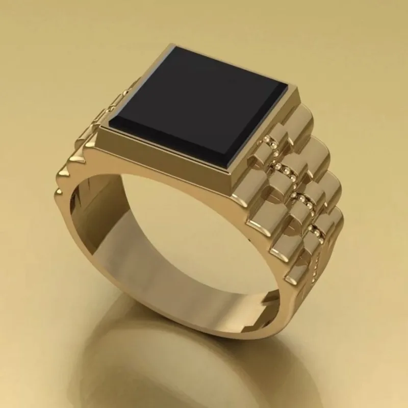 New Gold‑Plated Men's Signet Ring, Square‑Cut Simulated Black Gem Inlay, Stylish Geometric Male Fashion Finger Statement Jewelry